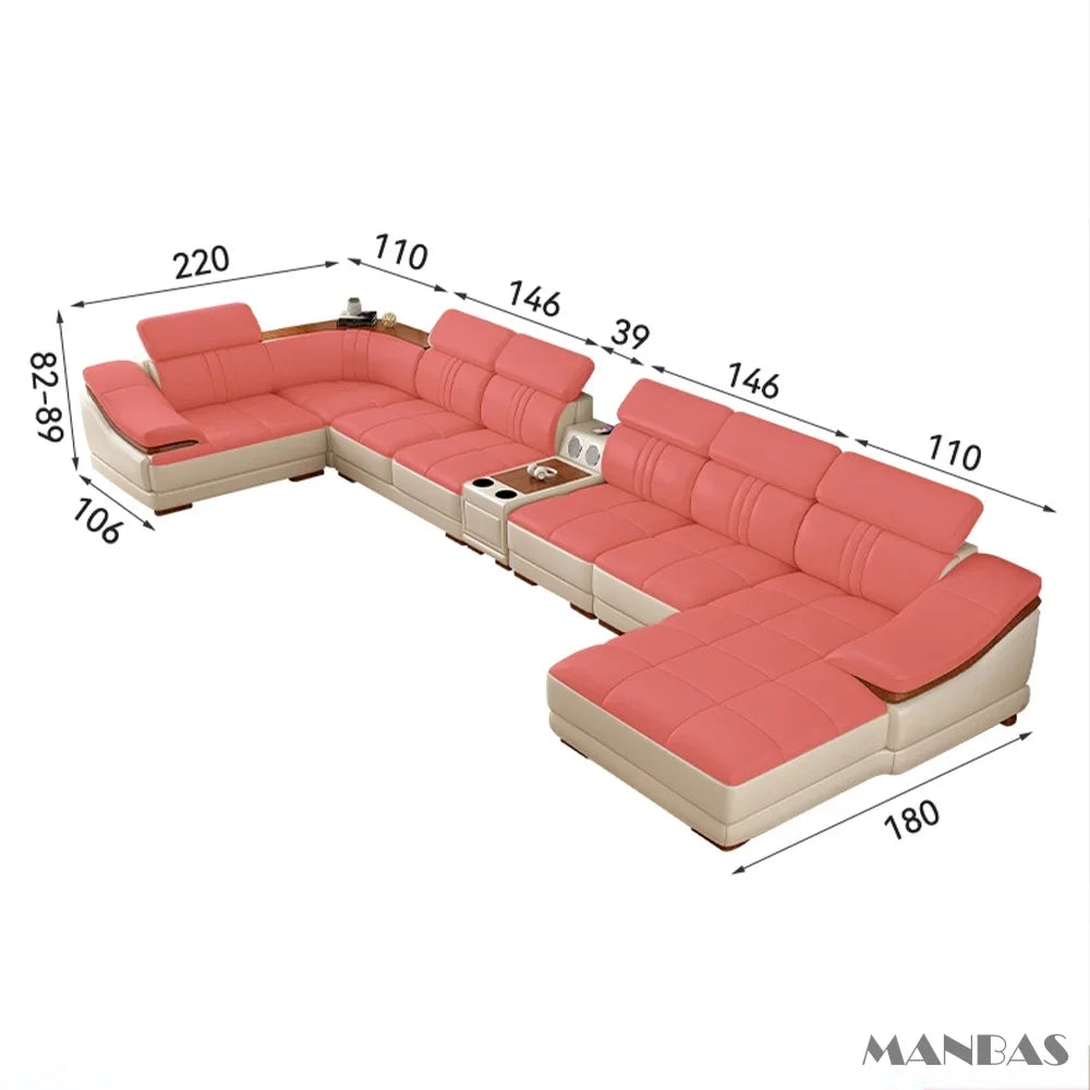 Elegant Leather Sectional Sofas Sets with Cup Holder, Adjustable Headrests & Bluetooth Speaker - MINGDIBAO Living Room Couches