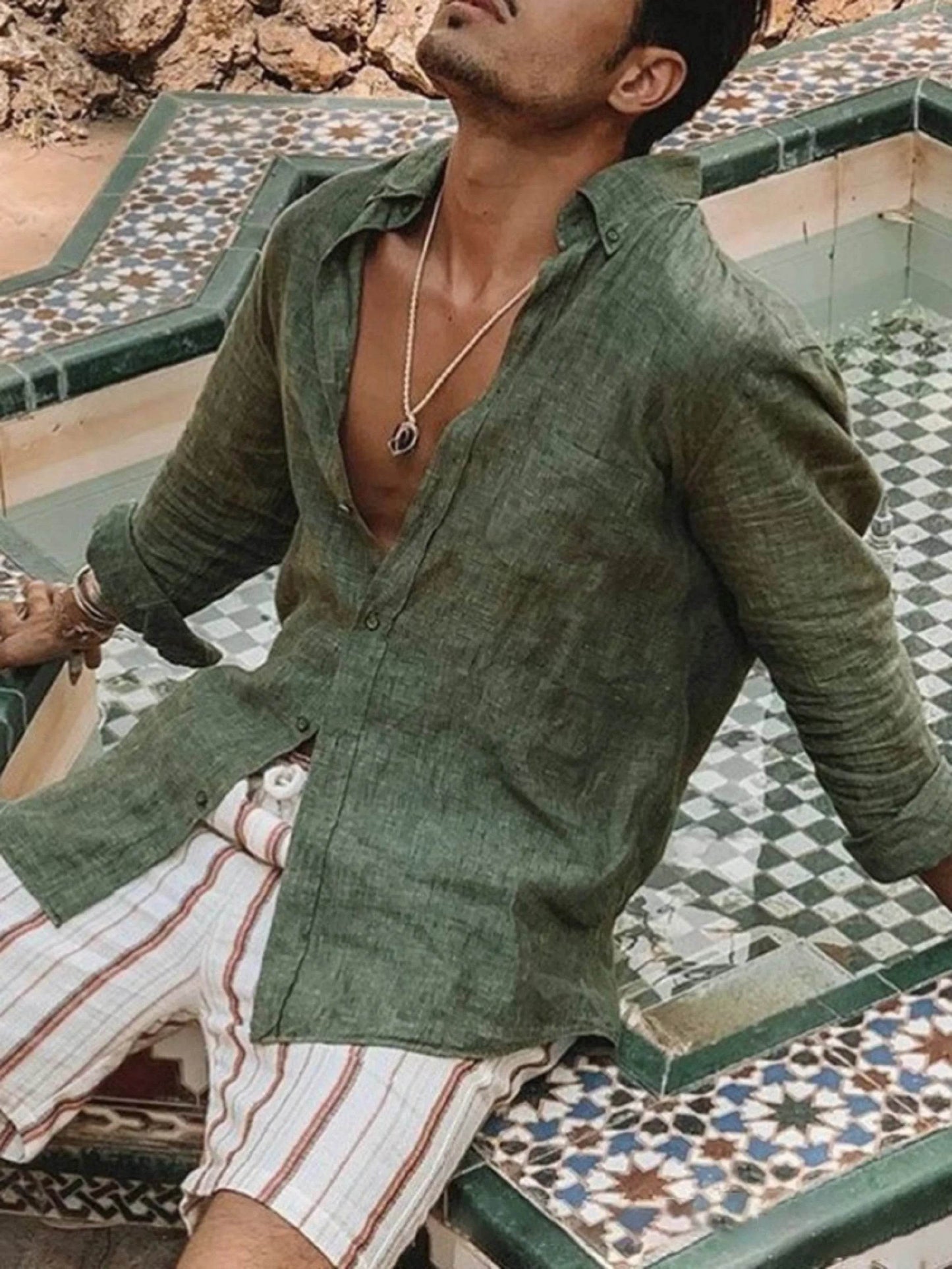 Men's casual fashion solid color thin long-sleeved shirt, lapel cardigan, suitable for outdoor activities - AIAZ