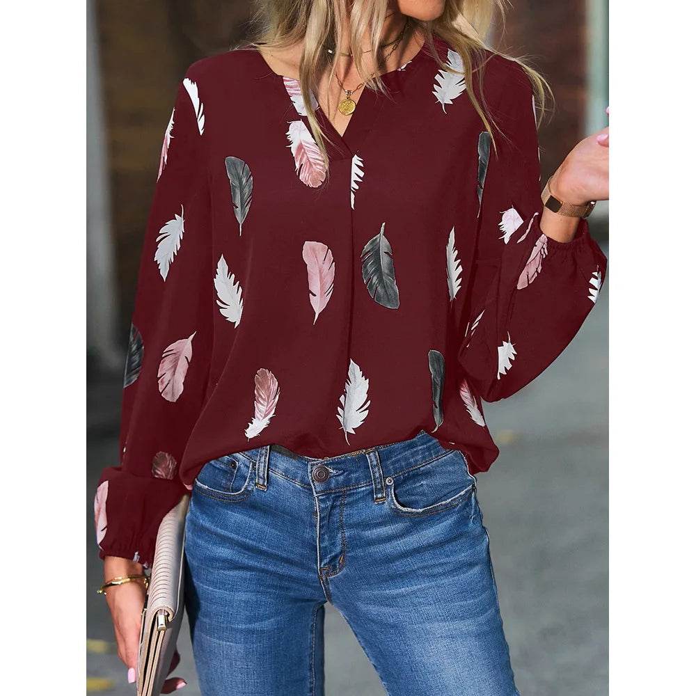 Fashion Woman Blouse Shirts For Women Stylish Top long Sleeve Feather Pattern Female Tops Elegant Chiffon Mujer Woman Clothes - AIAZ