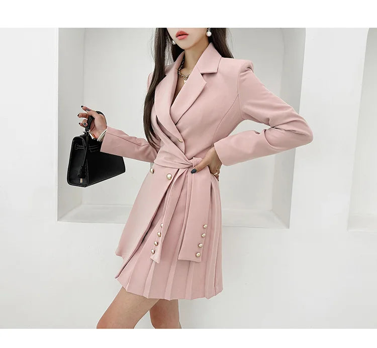 H Han Queen Autumn Winter Dresses Korean Lace-Up Professional Jacket Vestido Elegant Fashion Slim Office Party Casual Dress