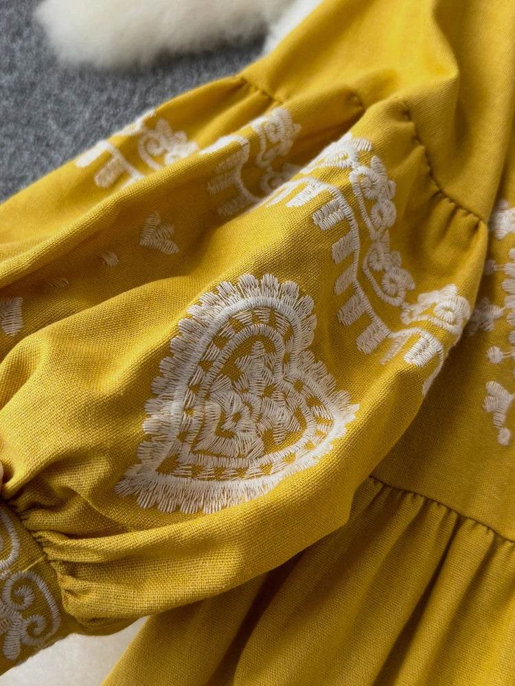 Women's Spring Summer Dress Bohemian Retro Ethnic Style Diamond Cotton Linen Blend Embroidered Lantern Sleeves Mini Dress A20 - AIAZ