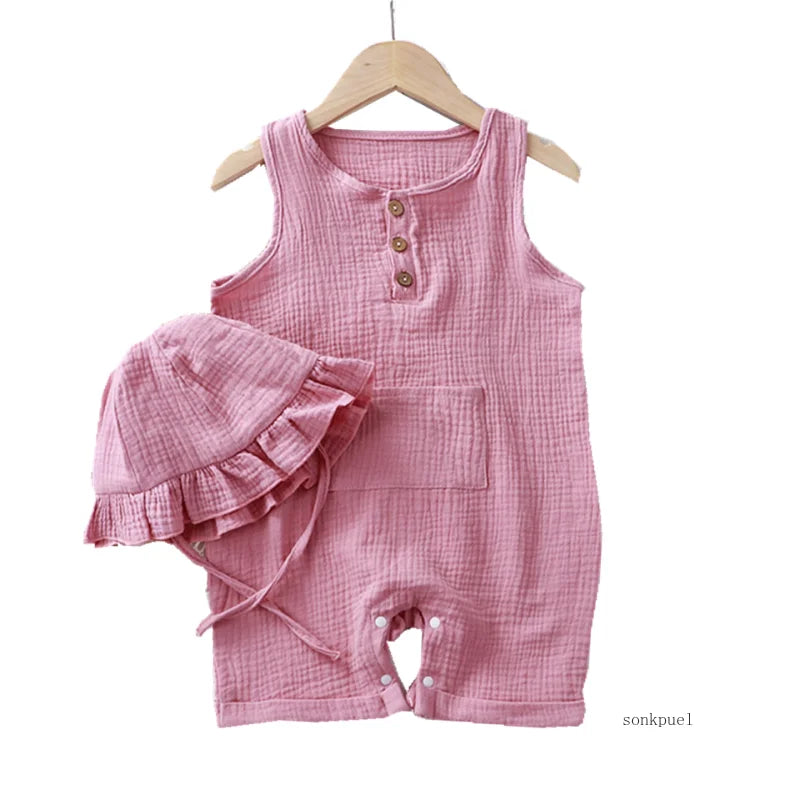2Pcs/Set Baby Summer Clothing Solid Newborn Infant Romper With Hat Muslin Cotton Sleeveless Baby Boys Girls Jumpsuit Outfits