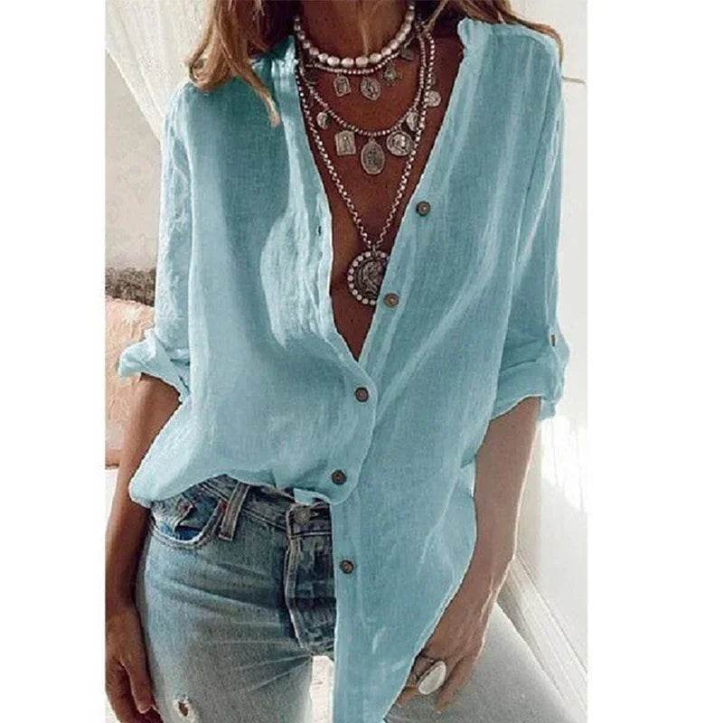 Summer Women's Cotton Linen Shirt Fashion Solid Color Casual Loose Button V-Neck Long Sleeve Top Commuter Wear - AIAZ