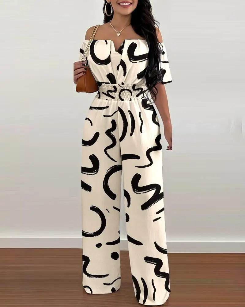 Lady Print High Waist Jumpsuit Sexy Off Shoulder Short Sleeve Wide Leg Pants Jumpsuits Women Fashion Casual Summer Women Clothes - AIAZ