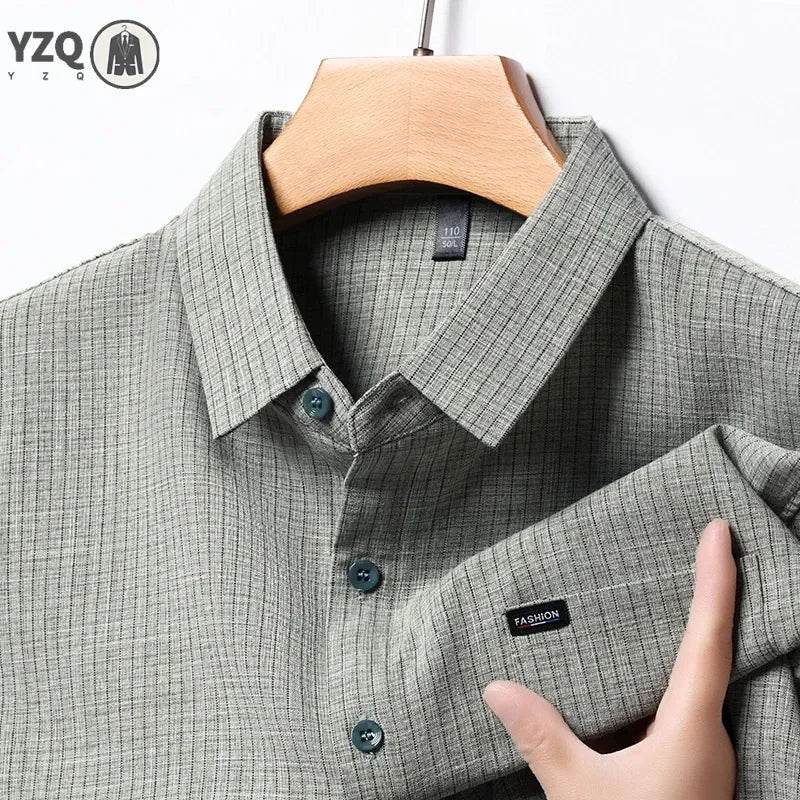 2025 Men's Business Casual Plaid Linen Short Sleeved Shirt Comfortable Top - AIAZ