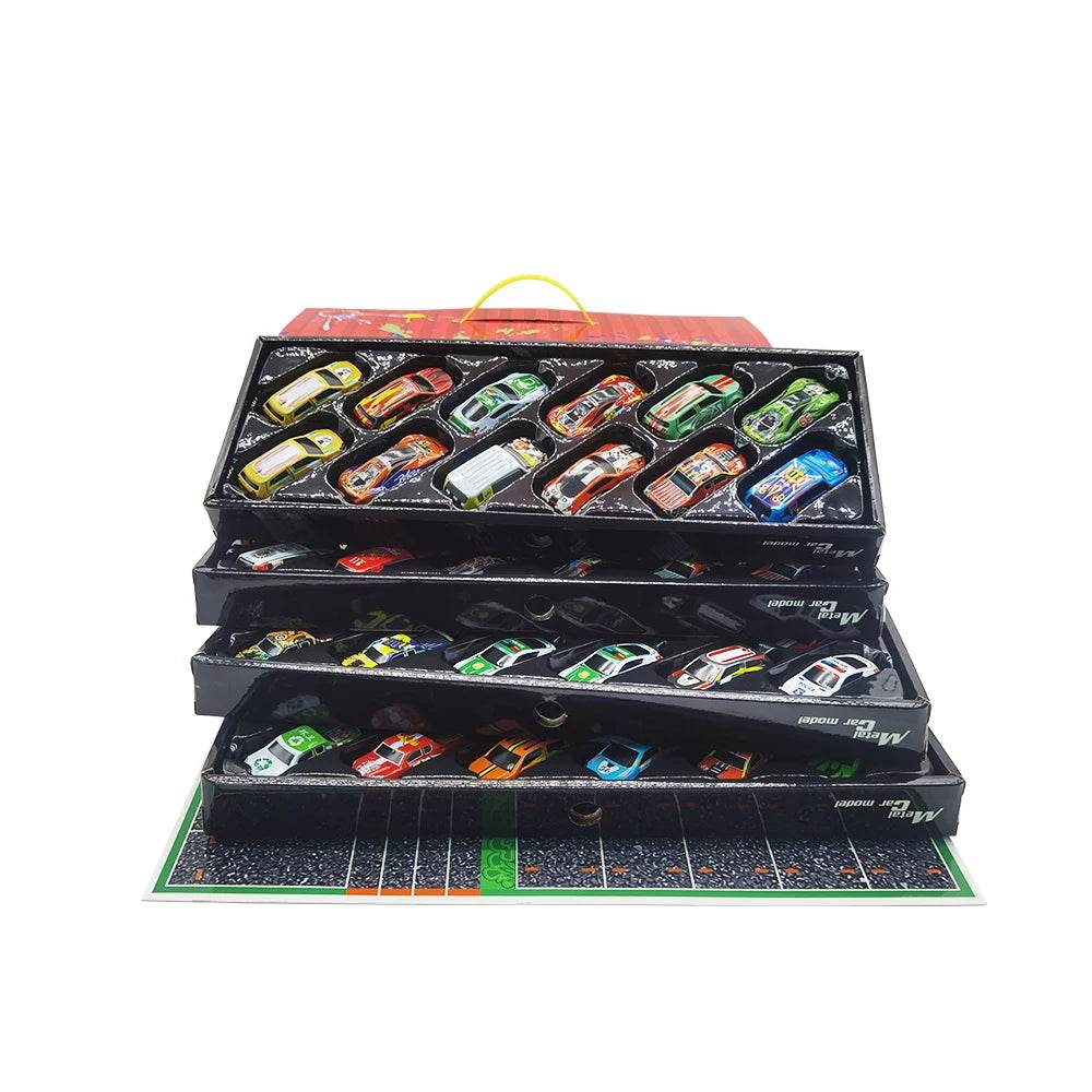 48 Pieces Mini Car Set Inertia Pull Back Cars for Boys Plastic Vehicle Model with Container Collection Toy Birthday Gift for Kid - AIAZ