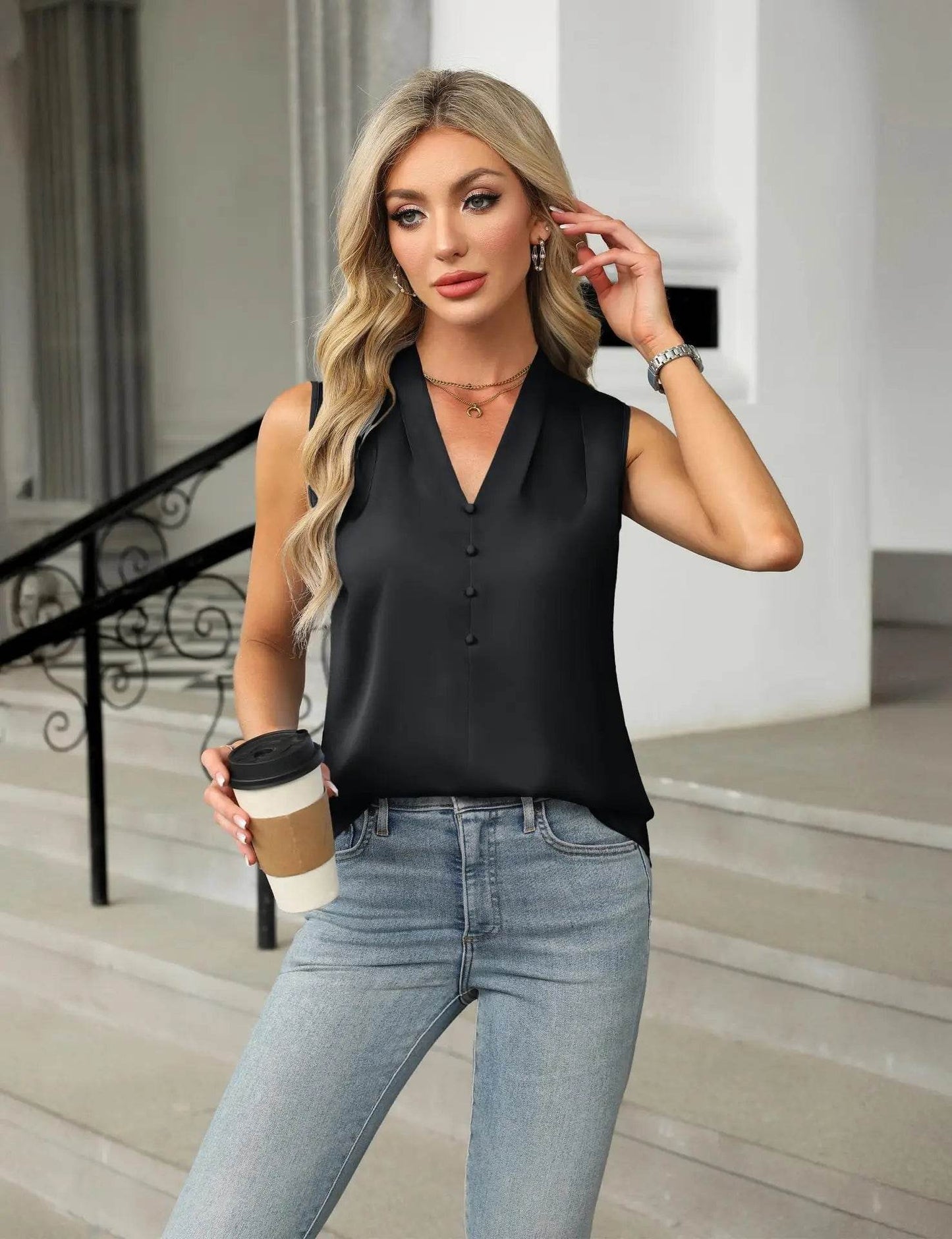 2025 Women's Blouses Summer Fashion Elegant Temperament Satin Work Tank Shirts Casual Button V-Neck Sleeveless Vest Black Tops - AIAZ