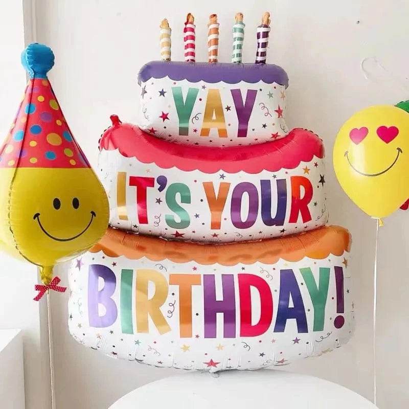 Large Birthday Cake Foil Balloons Cartoon Bear Cake Balloon Kids Toys Happy Birthday Party Decoration Supplies Photo Props INS - AIAZ
