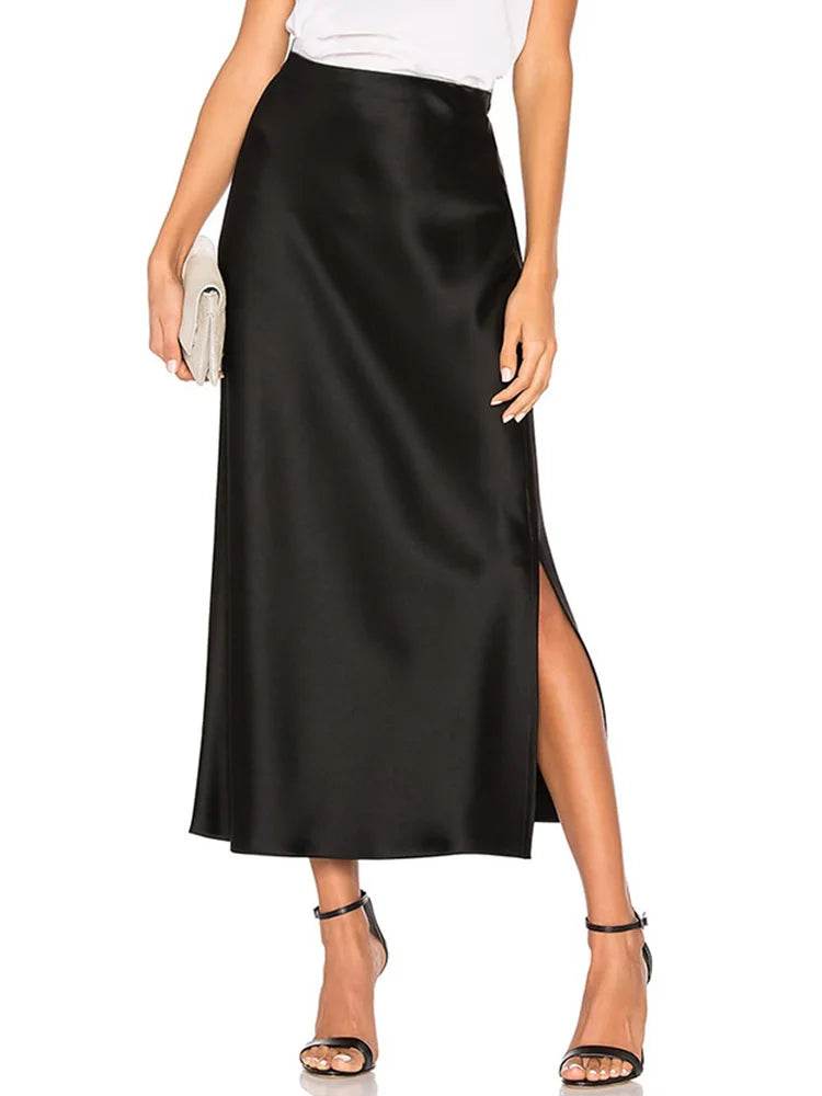 Long Satin Skirts For Women Summer High Quality Skirt With Slit On The Side Silk Elegant Black Maxi Luxury Women's Skirts 2025 - AIAZ