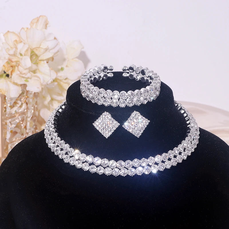Classic Rhinestone Crystal Choker Necklace Earrings and Bracelet Set for Women Silver Color Bridal Wedding Party Jewelry Sets