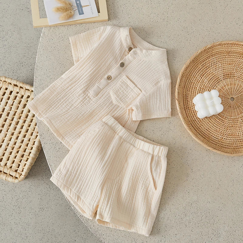 Suefunskry Toddler Boys Summer 2Pcs Casual Outfits Solid Color Short Sleeve Button Tops and Elastic Waist Shorts Sets 6M-4Y