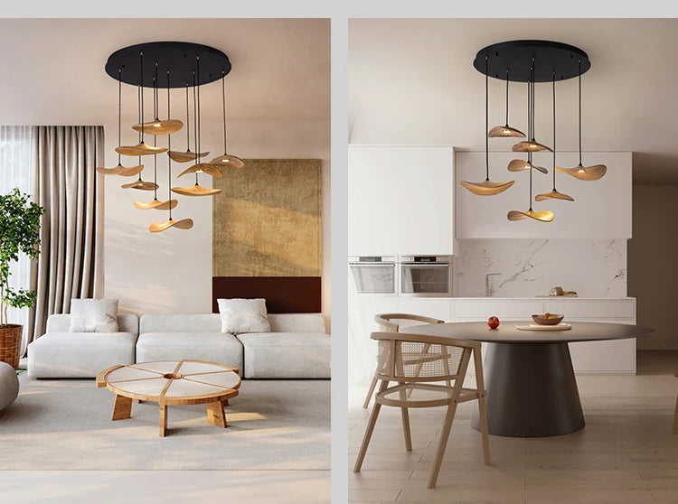Japanese Lotus Leaf Chandelier Wabi Sabi Solid Wood Lamp Living Dining Room Zen Tearoom Villa Duplex Kitchen Island Linear Light