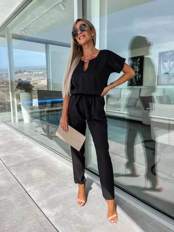 Jumpsuit Women 2023 Solid Color Short Sleeve V-neck Pocket Lace-up Pencil Long Pants Jumpsuits Summer Outfits Bodysuits - AIAZ