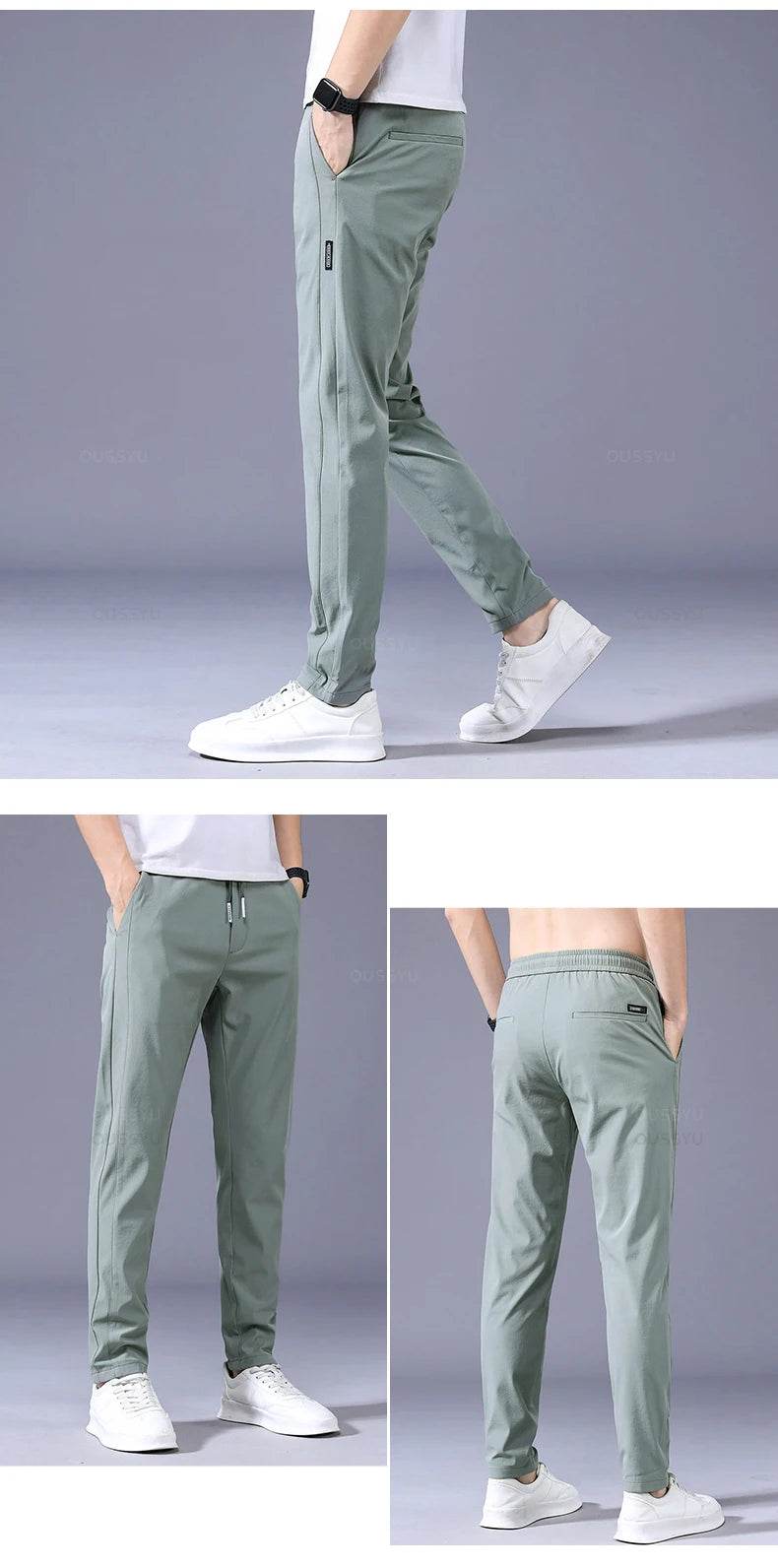 2025 Men's Trousers Spring Summer New Thin Green Solid Color Fashion Pocket Applique Full Length Casual Work Pants Pantalon - AIAZ