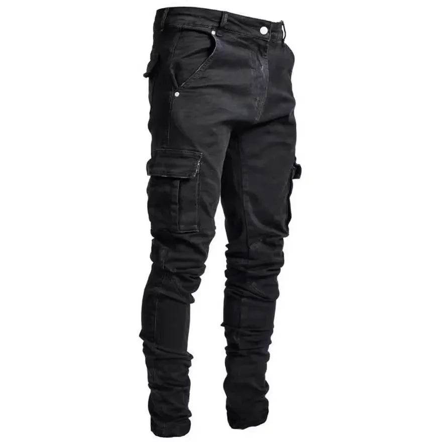 Men Street Elastic Denim Jeans Wash Solid Color Multi Pockets Cargo Pants Casual Slim Fit Daily Wear Joggers Mid Waist Trousers - AIAZ
