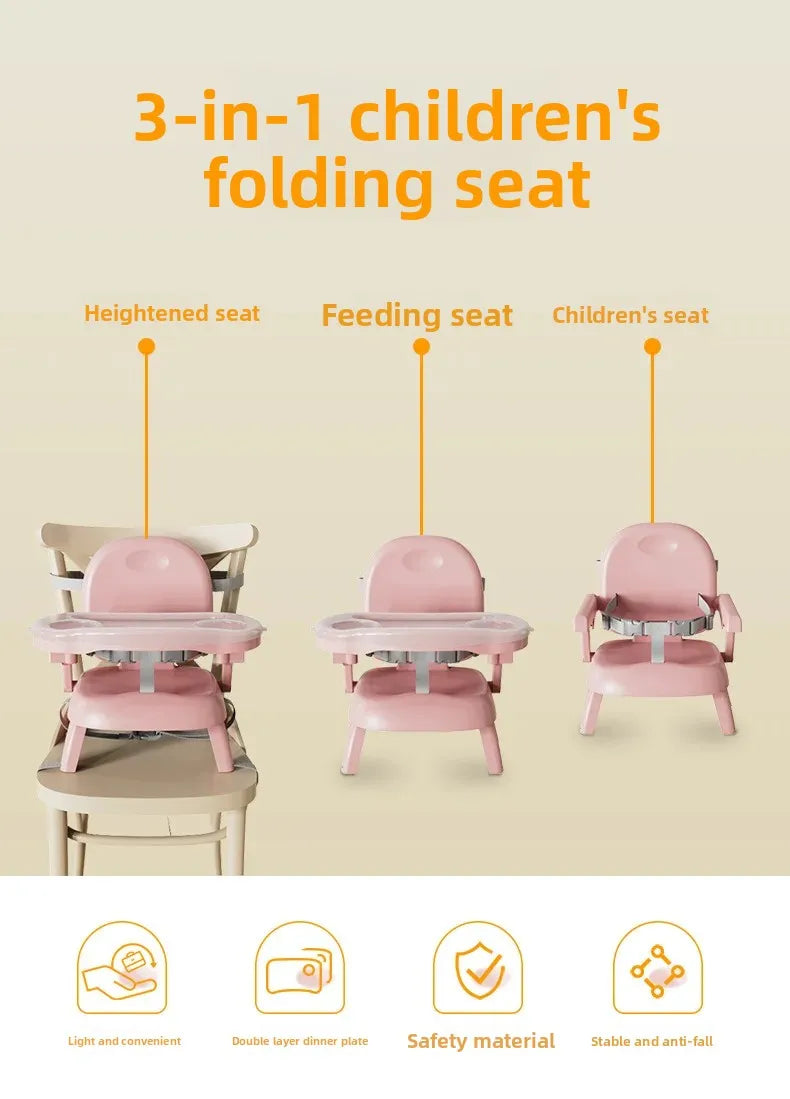 Foldable Baby Dining Chair - Adjustable Height Portable Highchair with Anti-Slip Base & Safety Harness for Home/Restaurant Use