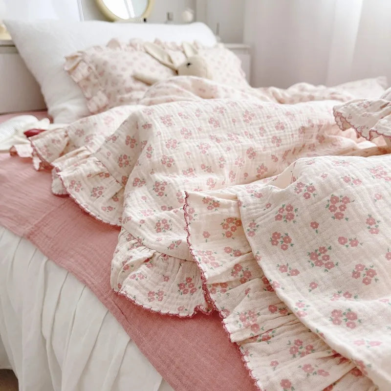 Korean Vintage Floral Printed Ruffled Cotton Baby Duvet Cover Kids Children Infant Cot Crib Duvet Covers Quilt Cover Bedding