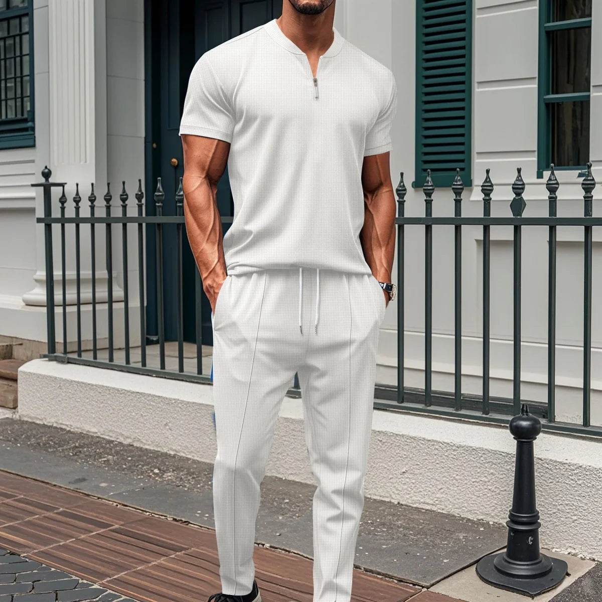 2025 Men's new summer suit Waffle collar solid color zipper short sleeve pants suit fashion casual loose sportswear - AIAZ