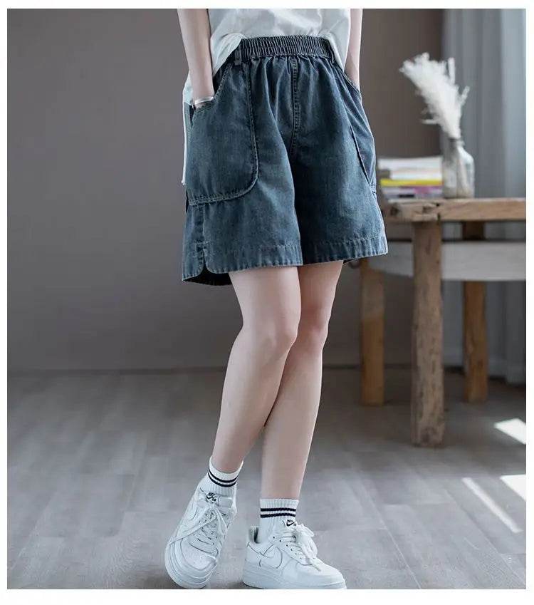 Summer Thin High-waisted Retro Denim Shorts for Women Loose Mid-pants New Wide-leg Large Pocket Five-point Pants - AIAZ