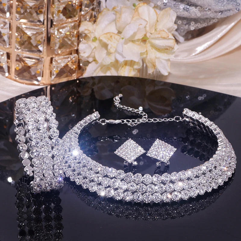 Classic Rhinestone Crystal Choker Necklace Earrings and Bracelet Set for Women Silver Color Bridal Wedding Party Jewelry Sets