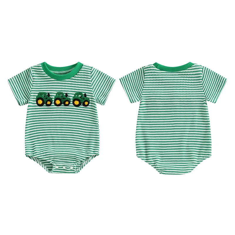 2024-12-04 Lioraitiin Summer Baby Girls Boys Rompers Waffle Truck Embroidery Stripe Short Sleeve Jumpsuits