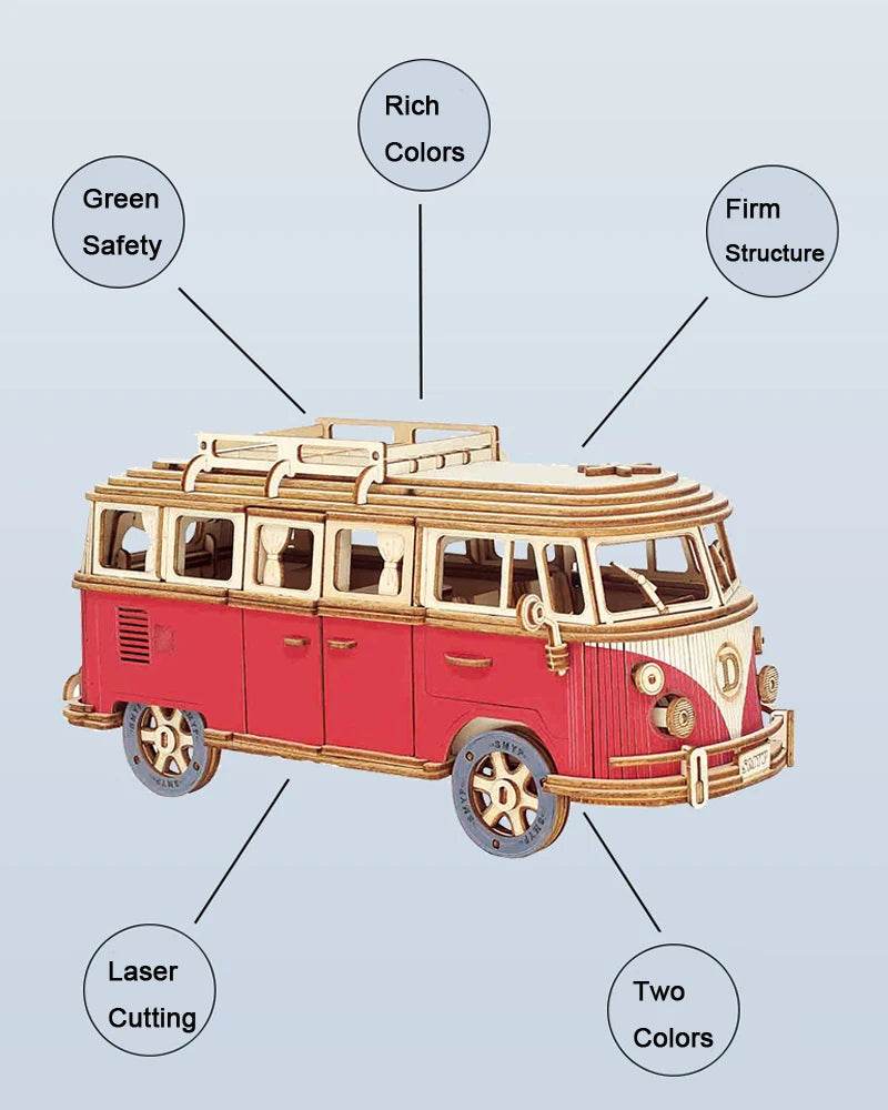 Retro Bus European-style Campervan 3D Wooden Car Puzzle DIY Sailing Ship Airplane Building House Model Jigsaw Toys For Children - AIAZ