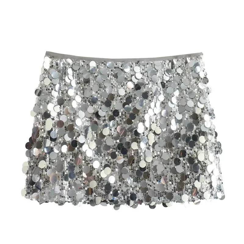 Silver Sequin Skirt Woman High Waist Mini Skirt Woman Fashion Shiny Glitter Elegant Short Skirts For Women Y2k Skirts - AIAZ