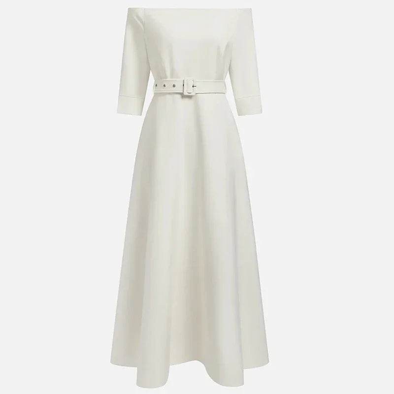 Elegant Party Dresses For Women One Shoulder Half Sleeve High Waisted A-Line Long Dress Women Offfice Dress White - AIAZ