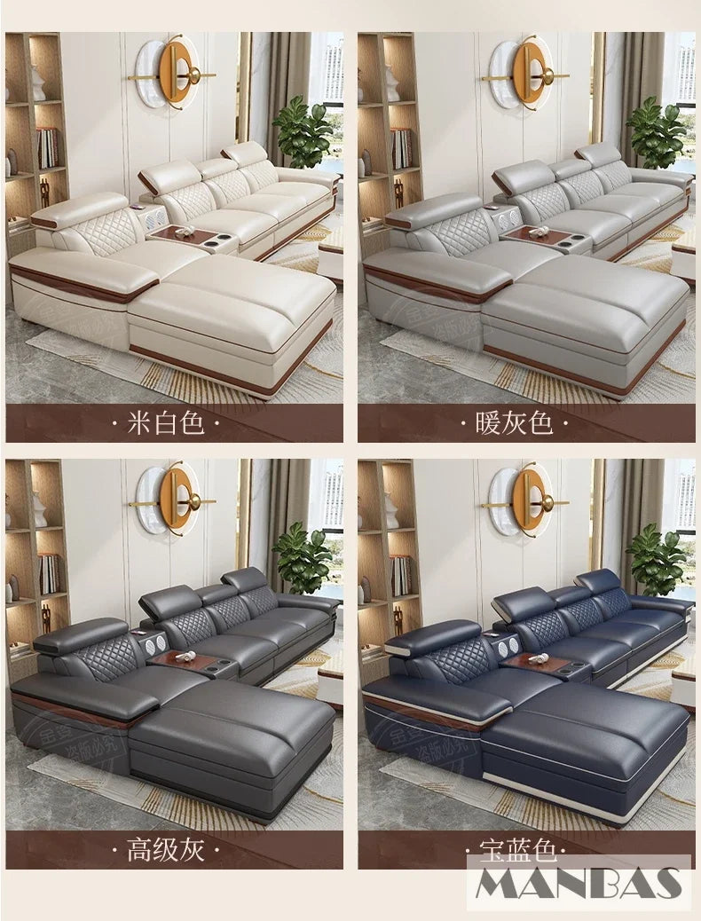 MINGDIBAO Premium Italian Genuine Leather Sofa Set for Living Room with Adjustable Headrests and Built-in Bluetooth Speaker, USB