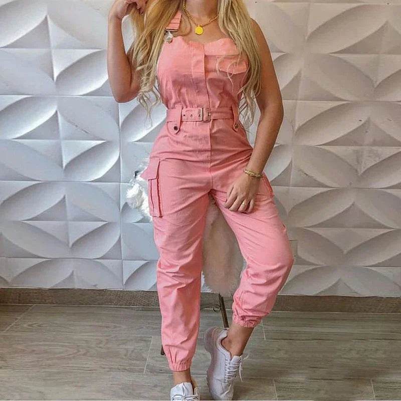 Women's Workwear Jumpsuits Summer Casual Simple Sleeveless Strap High Waist with Belt Fashion Solid Female Bound Feet Jumpsuits - AIAZ