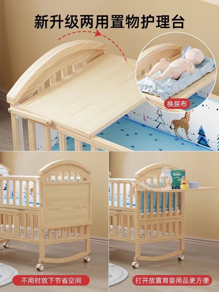 Baby Crib Multifunctional BB Baby Crib Solid Wood Unpainted Cradle Bed Movable Newborn Children Splicing Large Bed