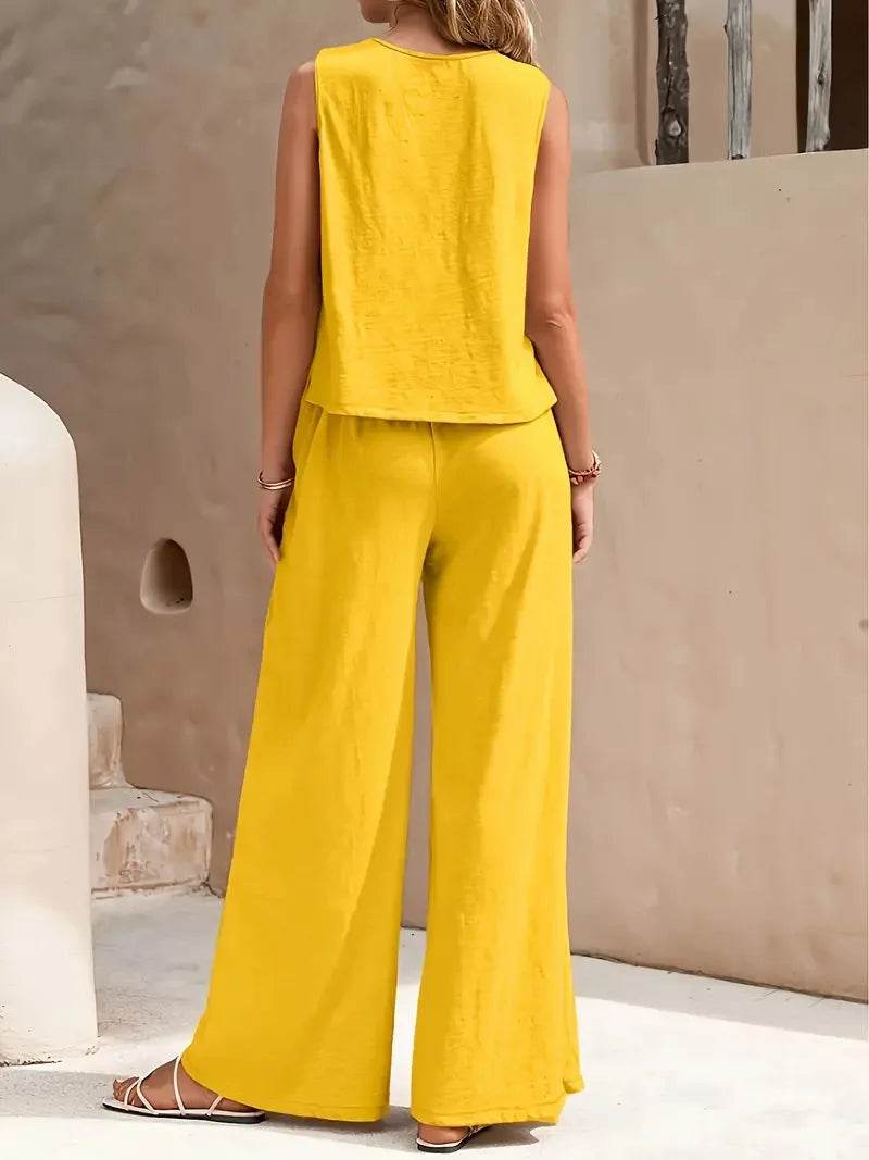 Women's Casual Set Solid Color Elegant Comfortable Round Neck Vest and Wide Leg Pants Two Piece Versatile Comfortable - AIAZ