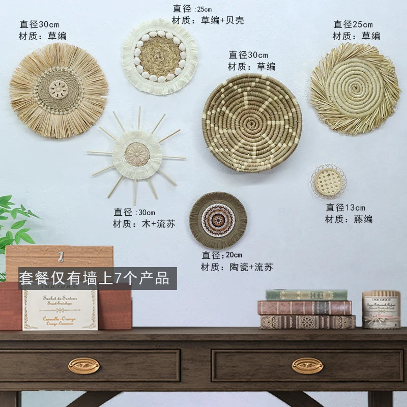 Bohemian Wall Decorations, Woven Grass and Rattan Wall Ornaments, Wall Decorations for Restaurant Background Walls