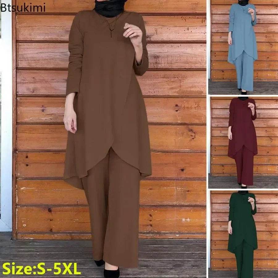 2025 Women's Muslim Sets Fashion Asymmetrical Blouse with Wide Leg Pants Casual Suits Dubai Turkey Matching Sets Ladies Outfits - AIAZ