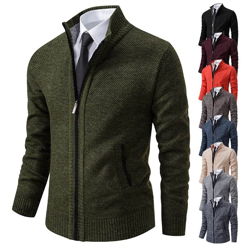 Autumn And Winter New Jersey Men's Casual Sports Coat Solid Color Stand Collar Wweater Grab Fleece Warm Zipper Cardigan - AIAZ