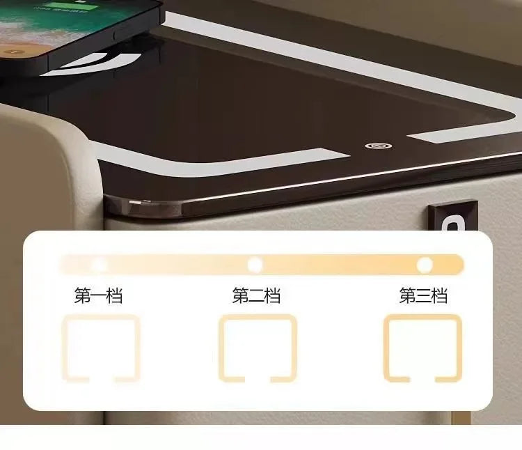 Nordic Style Intelligent Solid Wood Bedside Table Faux Leather 3 Drawers Nightstands with Wireless Charging Side Storage Cabinet