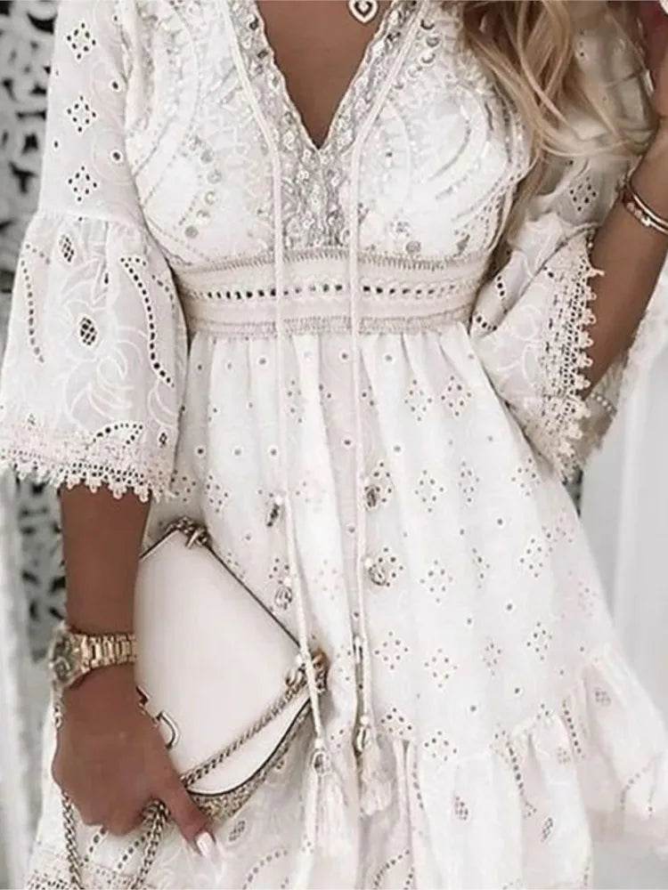 Elegant Women White Hollow Lace Mini Dress Summer V-neck Patchwork Lace Up Three Quarter Sleeve Ladies Vacation Beach Dresses - AIAZ