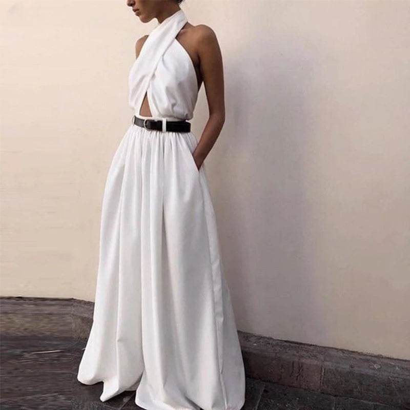 Women Sexy Backless Jumpsuits Halte Sleeveless Slim High Waist Sping Summe Thin Lady Elegant Streetwear Long Wide-leg Pants - AIAZ