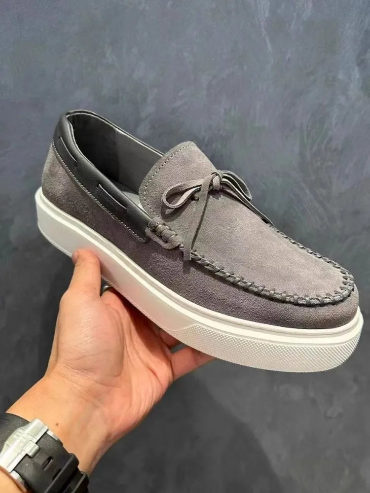 Fashion Mens Lace Up Slip On Loafers Thick Platform Real Suede Leather Business Casual Shoes Round Toe Comfortable Driving Shoes
