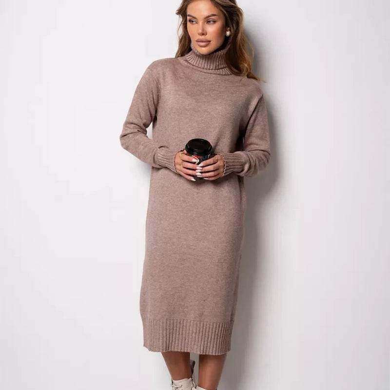 Ribbed Turtleneck Knitted Dress Women Autumn Winter Basic Long Sleeve Sweater Dress Woman Solid Color Long Dresses Female - AIAZ