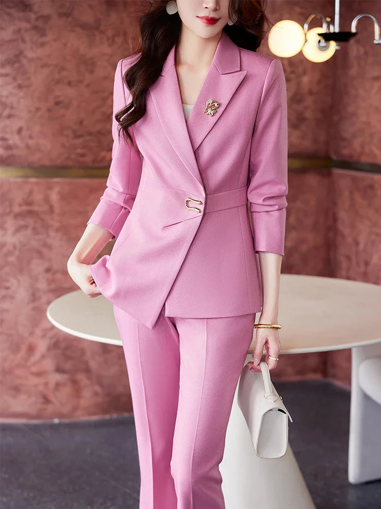 Elegant Pink Purple Black White Ladies Pant Suit Women Female Business Work Wear Jacket and Trouser Blazer 2 Piece Set