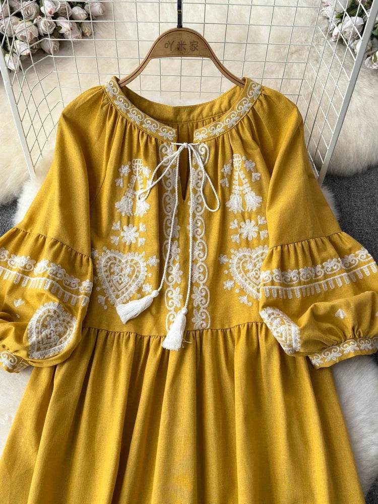Women's Spring Summer Dress Bohemian Retro Ethnic Style Diamond Cotton Linen Blend Embroidered Lantern Sleeves Mini Dress A20 - AIAZ