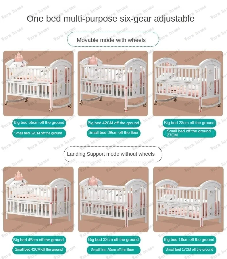 Solid wood spliced crib Multifunctional European style children's bed Movable newborn cradle large bed Baby Rest Chair