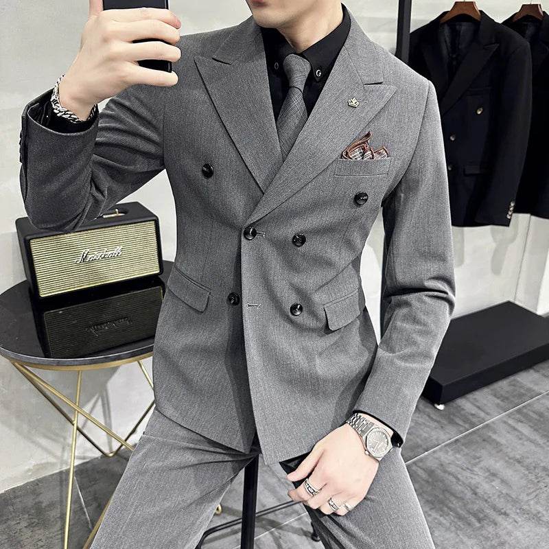 Jackets + Pants / Groom's Wedding Dress Best Fashion Mans Double -breasted Suit Blazer Trousers Male Formal Business Office Suit - AIAZ