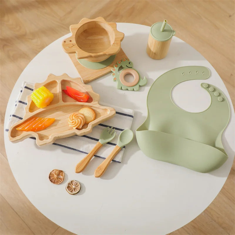 7pcs Silicone Baby Feeding Set Baby Feeding Supplies Kids Bamboo Dinnerware With Cup Children's Dishes Bowl Stuff Tableware Gift