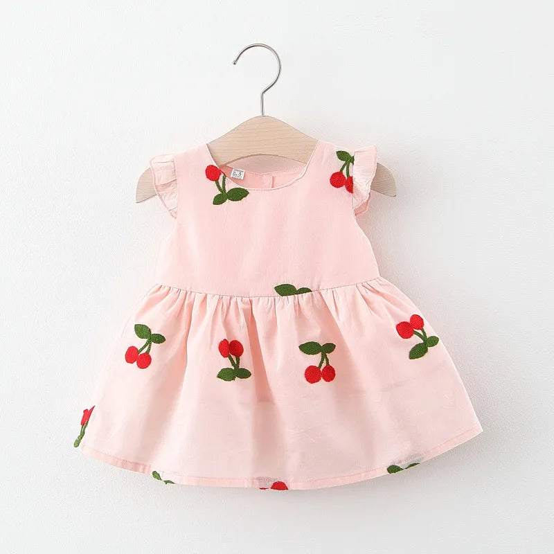 Summer Baby Girl Dress Girl's Cherry Embroidered Round Neck Small Flying Sleeves Princess Dress Children's Dress