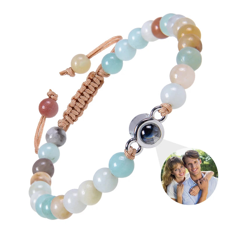 Natural Stone Beads Personalized Picture Bracelet Pink Zebra Stone Custom Photo Projection Bracelet Memorial Gifts for Women Men
