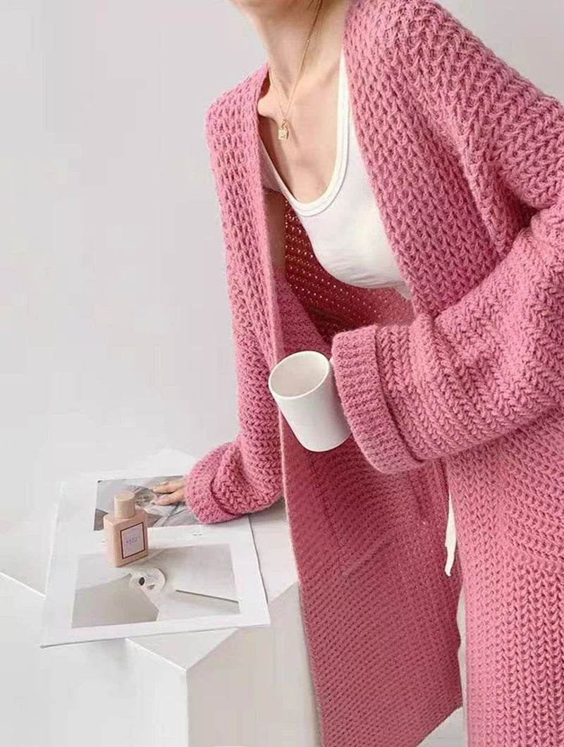 Korean Cardigan Sweater for Women Autumn Winter Loose Lazy Style Female Midi Knit Coats Fashion V Neck Casual Big Pocket Jumpers - AIAZ