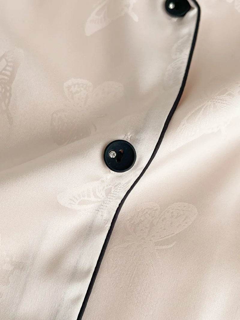 Summer Short Sleeve Pajamas Set Trouser Suits Women Sleepwear Elegant Pink Jacquard Butterfly Pyjama Pour Femme Satin Homewear - AIAZ