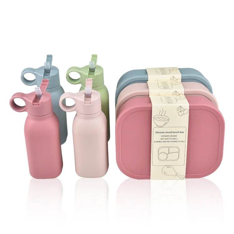 4PC/Set Silicone Bento Box Straw Water Bottle Leak-Proof Lunch Container Fork Spoon With Packaging Card BPA-Free Dishwasher Safe - AIAZ